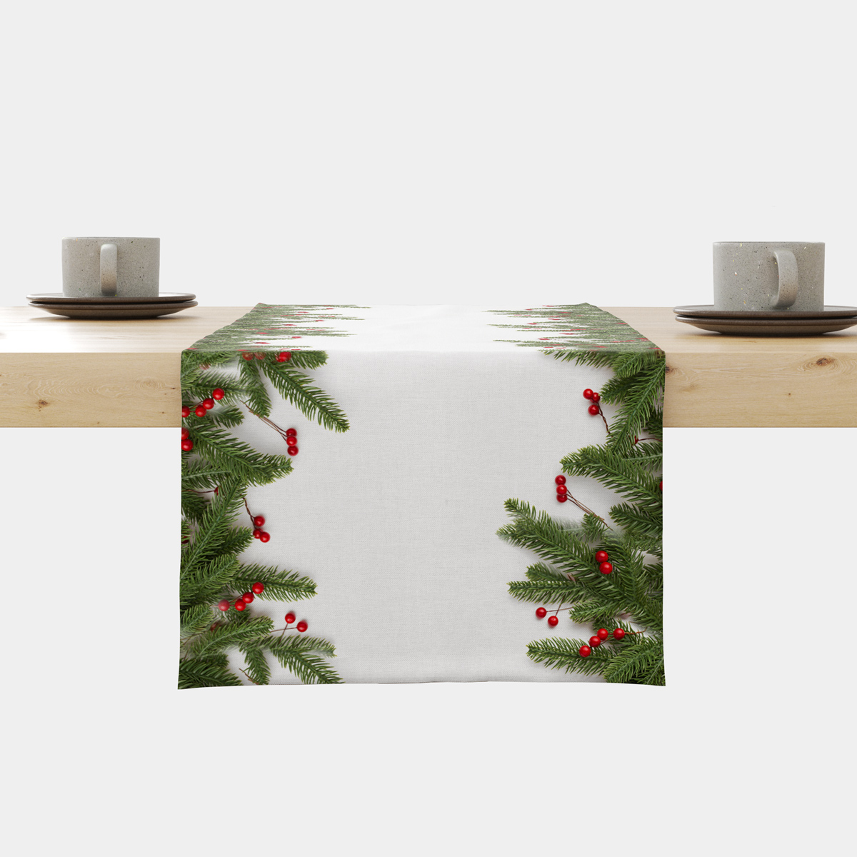 świąteczny bieżnik biały z gałązkami świerku i czerwonymi jagodami