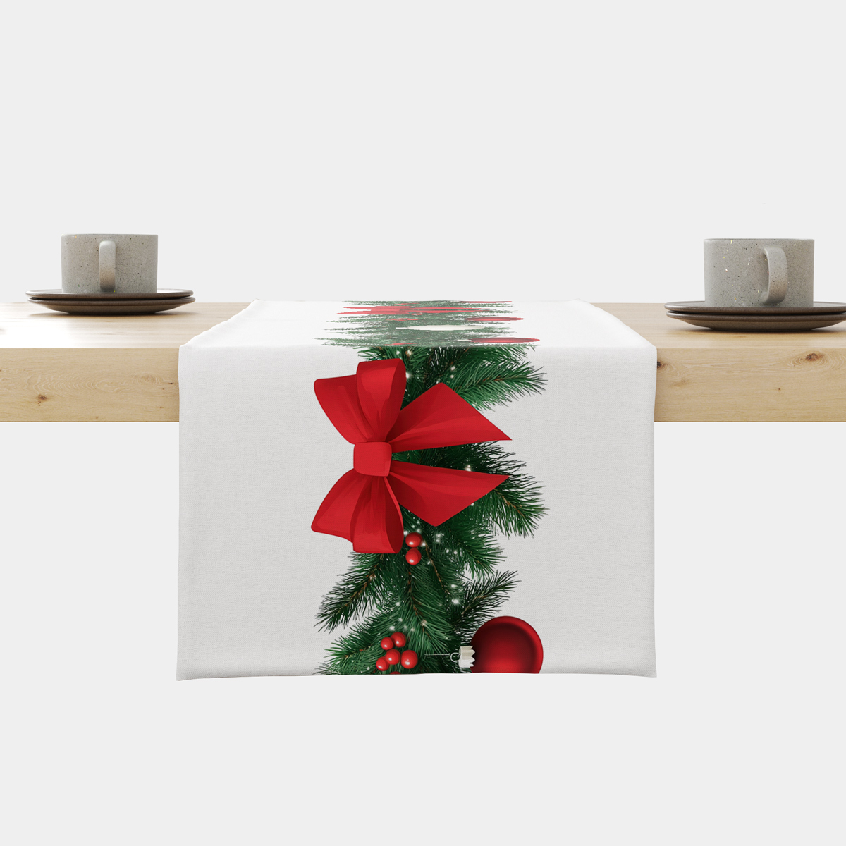 świąteczny bieżnik biały z girlandą i czerwoną kokardą