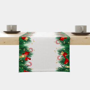 świąteczny biały bieżnik z zielonymi gałązkami i czerwonymi kokardami