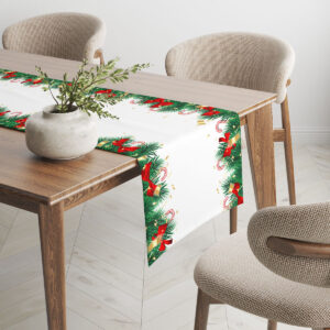 aranżacja wnętrza z bieżnikiem świątecznym w gałązki, kokardy i laski cukrowe