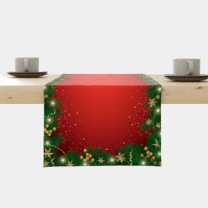 świąteczny bieżnik czerwony z zieloną girlandą i złotymi bombkami