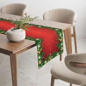 aranżacja stołu z czerwonym bieżnikiem świątecznym i dekoracjami