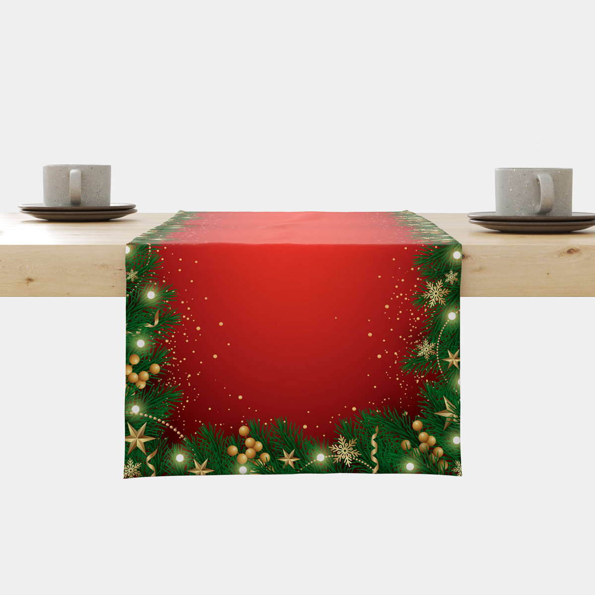 świąteczny bieżnik czerwony z zieloną girlandą i złotymi bombkami
