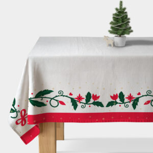 obrus świąteczny biały z czerwono-zielonym motywem roślinnym