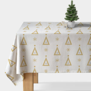 obrus świąteczny biały ze złotymi choinkami i gwiazdkami