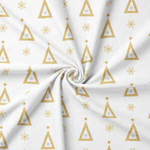 tkanina świąteczna biała ze wzorem choinek i gwiazdek