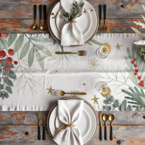 Elegancki bieżnik bożonarodzeniowy biały z gałązkami i jagodami