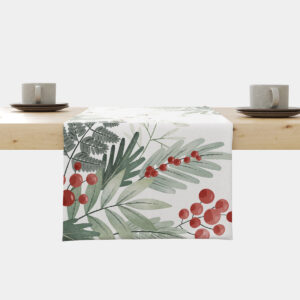 Bieżnik świąteczny biały z zielonymi gałązkami i czerwonymi jagodami