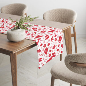 bieżnik świąteczny z choinkami, prezentami i bombkami