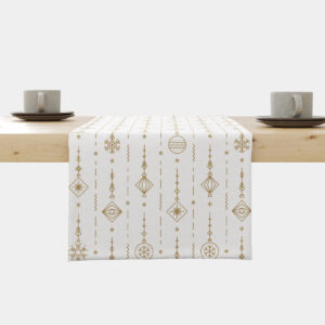 bieżnik świąteczny biały ze złotymi wiszącymi ozdobami