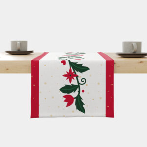 świąteczny bieżnik biały z czerwono-zielonym roślinnym wzorem