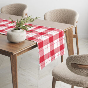 dekoracja stołu z czerwono-białym bieżnikiem świątecznym