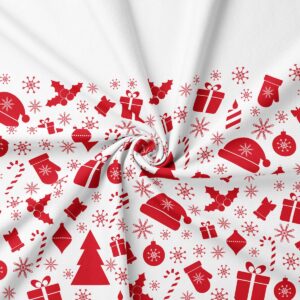 świąteczna tkanina w białym kolorze z czerwonymi ozdobami