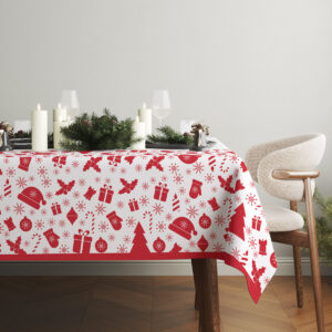 elegancki obrus bożonarodzeniowy z czerwonymi grafikami