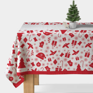 obrus świąteczny biały z czerwonym wzorem ikon zimowych