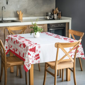 klasyczny biały obrus z czerwonym świątecznym motywem
