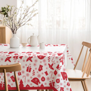 obrus na święta w kolorze białym z dekoracyjnym czerwonym wzorem
