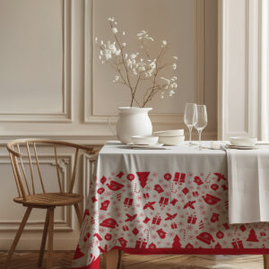 klasyczny biały obrus z czerwonym świątecznym motywem