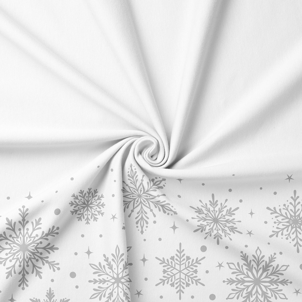 tkanina stołowa w kolorze bieli z szarymi śnieżynkami