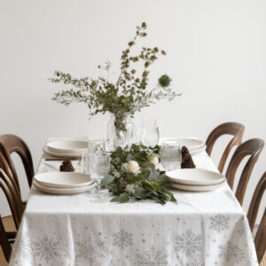 klasyczny obrus świąteczny biały z subtelnym wzorem śnieżek