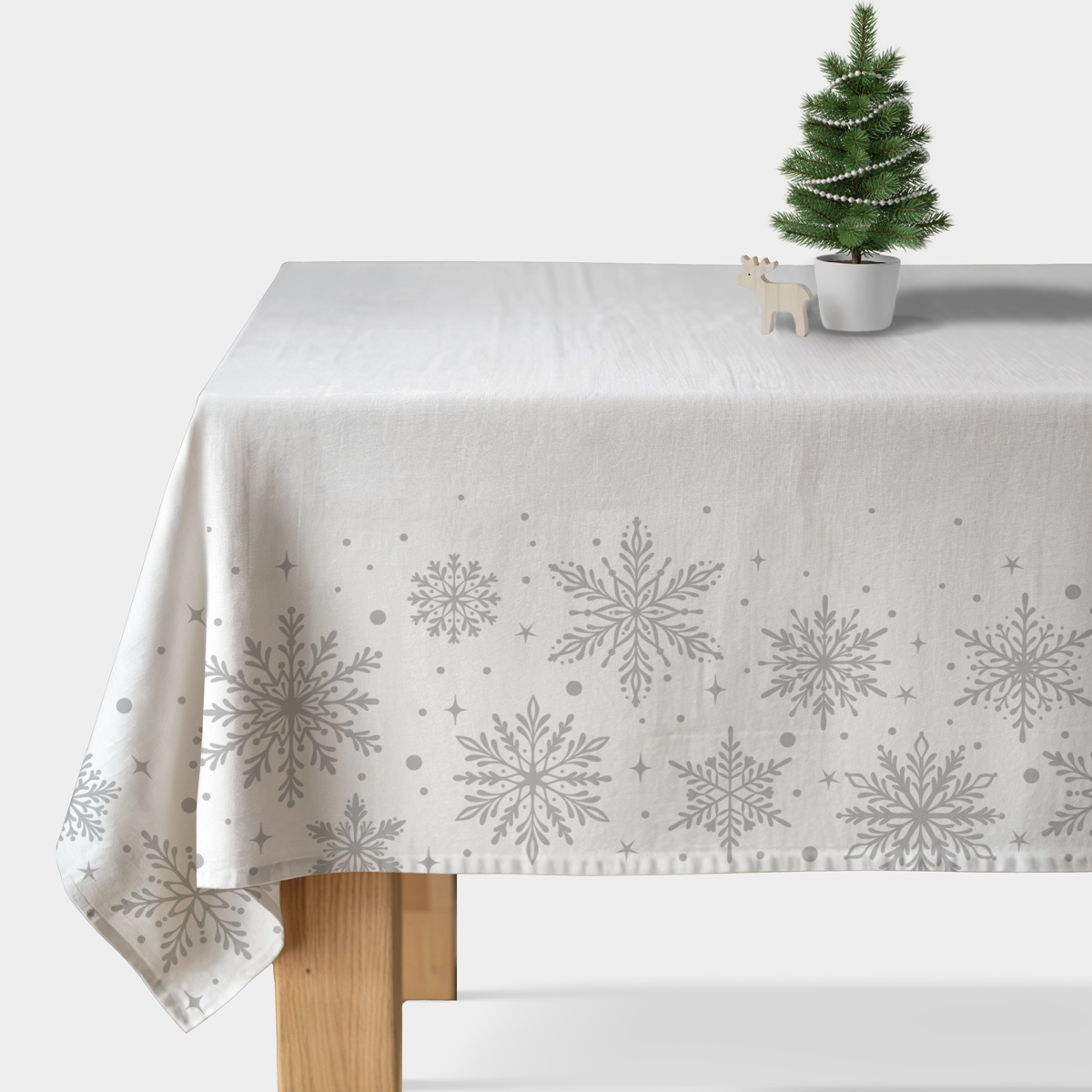 obrus świąteczny biały z szarym wzorem śnieżynek