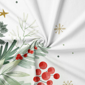 obrus w białym kolorze ze złotymi gwiazdkami i roślinnym motywem