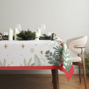 świąteczny obrus z akwarelowymi liśćmi i czerwonym pasem