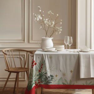 obrus na Święta z zielonymi liśćmi i czerwonymi owocami