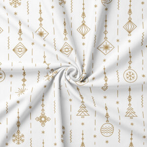 tkanina świąteczna w białym kolorze ze złotym wzorem ozdób