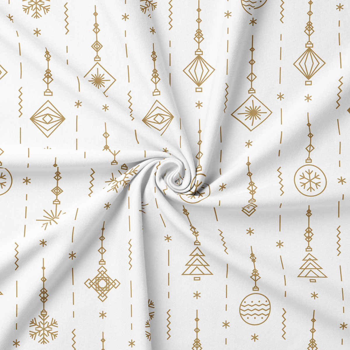 tkanina świąteczna w białym kolorze ze złotym wzorem ozdób