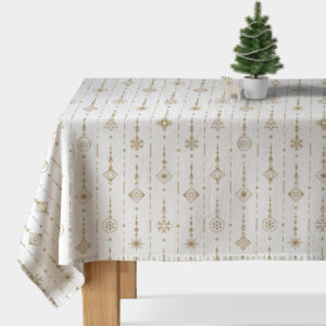 obrus świąteczny biały ze złotymi wiszącymi ozdobami