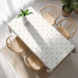 biały obrus świąteczny z minimalistycznym złotym motywem