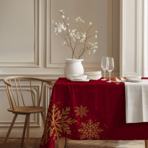 obrus świąteczny na wymiar w odcieniu bordo z wzorem śnieżynek