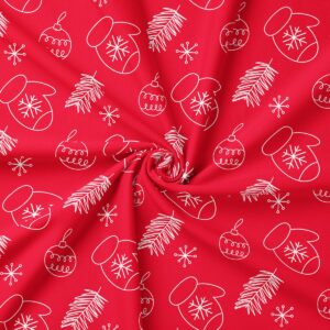 tkanina świąteczna czerwona ze wzorem rękawiczek i gałązek