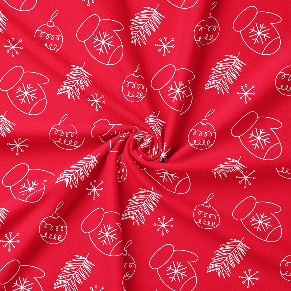 tkanina świąteczna czerwona ze wzorem rękawiczek i gałązek