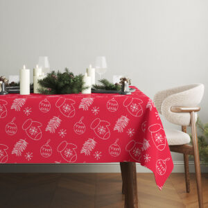 elegancki czerwony obrus bożonarodzeniowy z białymi motywami