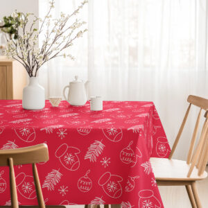dekoracyjny obrus na Święta w kolorze czerwonym z białymi elementami