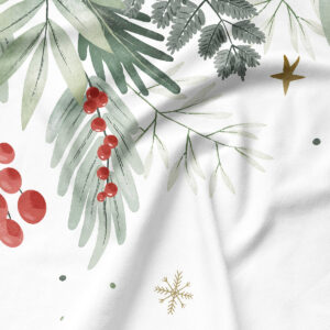 świąteczna podkładka biała z zielonymi liśćmi i czerwonymi owocami