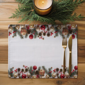 dekoracyjna podkładka na stół z bombkami i gałązkami