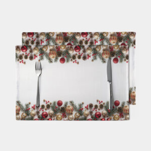 podkładka świąteczna biała z czerwono-złotymi bombkami