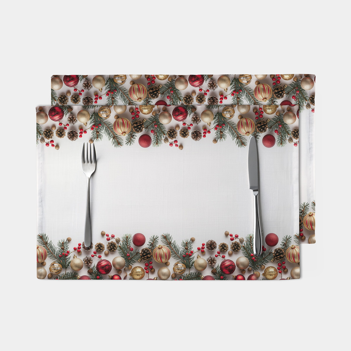 podkładka świąteczna biała z czerwono-złotymi bombkami