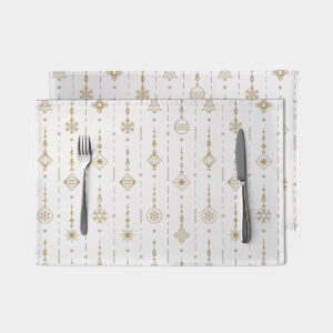 Biała podkładka świąteczna z delikatnym złotym wzorem wiszących dekoracji – produkt