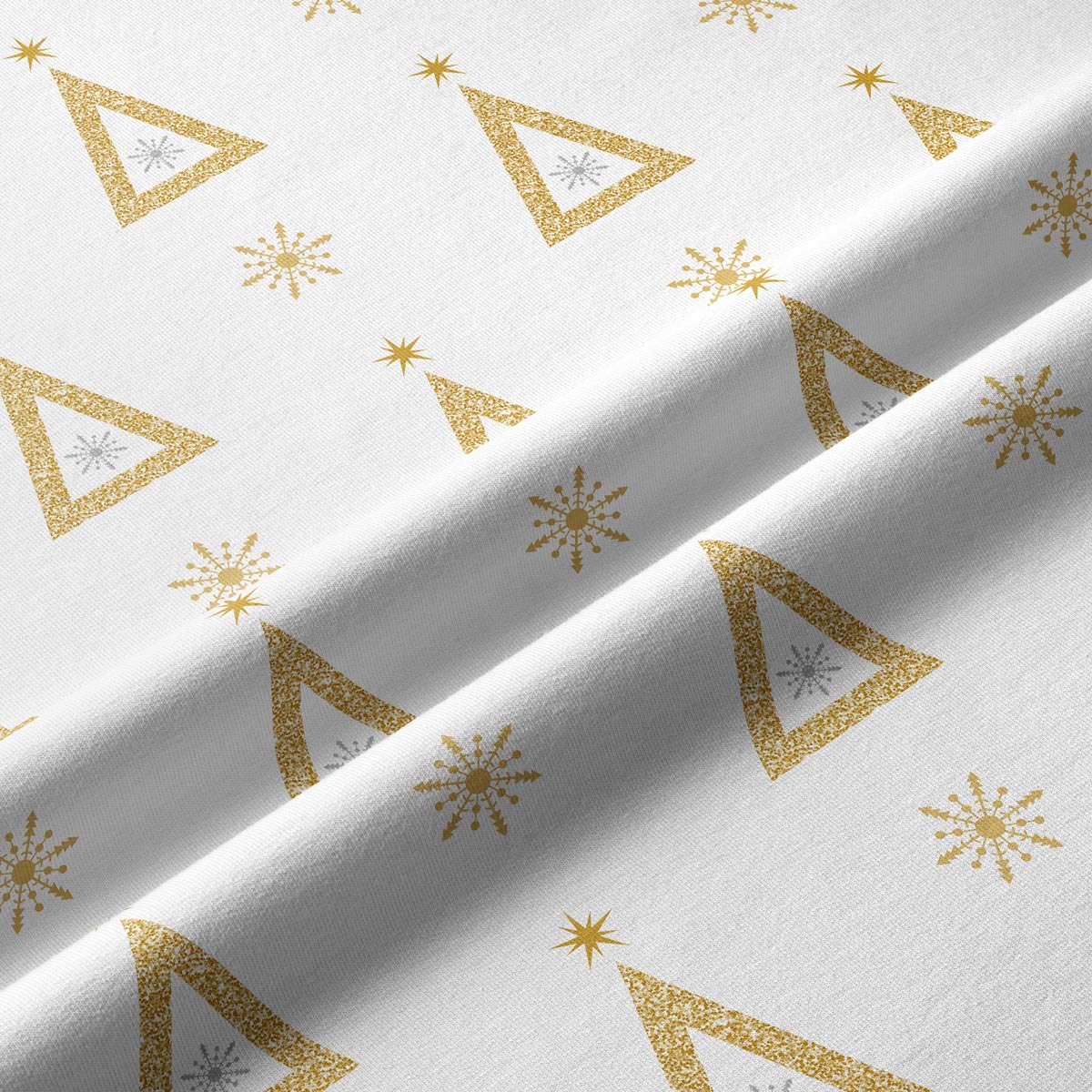 Bieżnik świąteczny biały ze złotymi choinkami i gwiazdkami – detal tkaniny