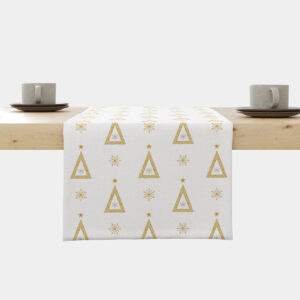 Bieżnik świąteczny biały ze złotymi choinkami i gwiazdkami