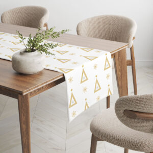 Bieżnik na wymiar ze złotymi choinkami i gwiazdkami – wizualizacja na stole