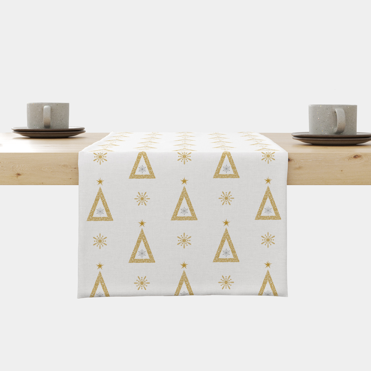 Bieżnik świąteczny biały ze złotymi choinkami i gwiazdkami