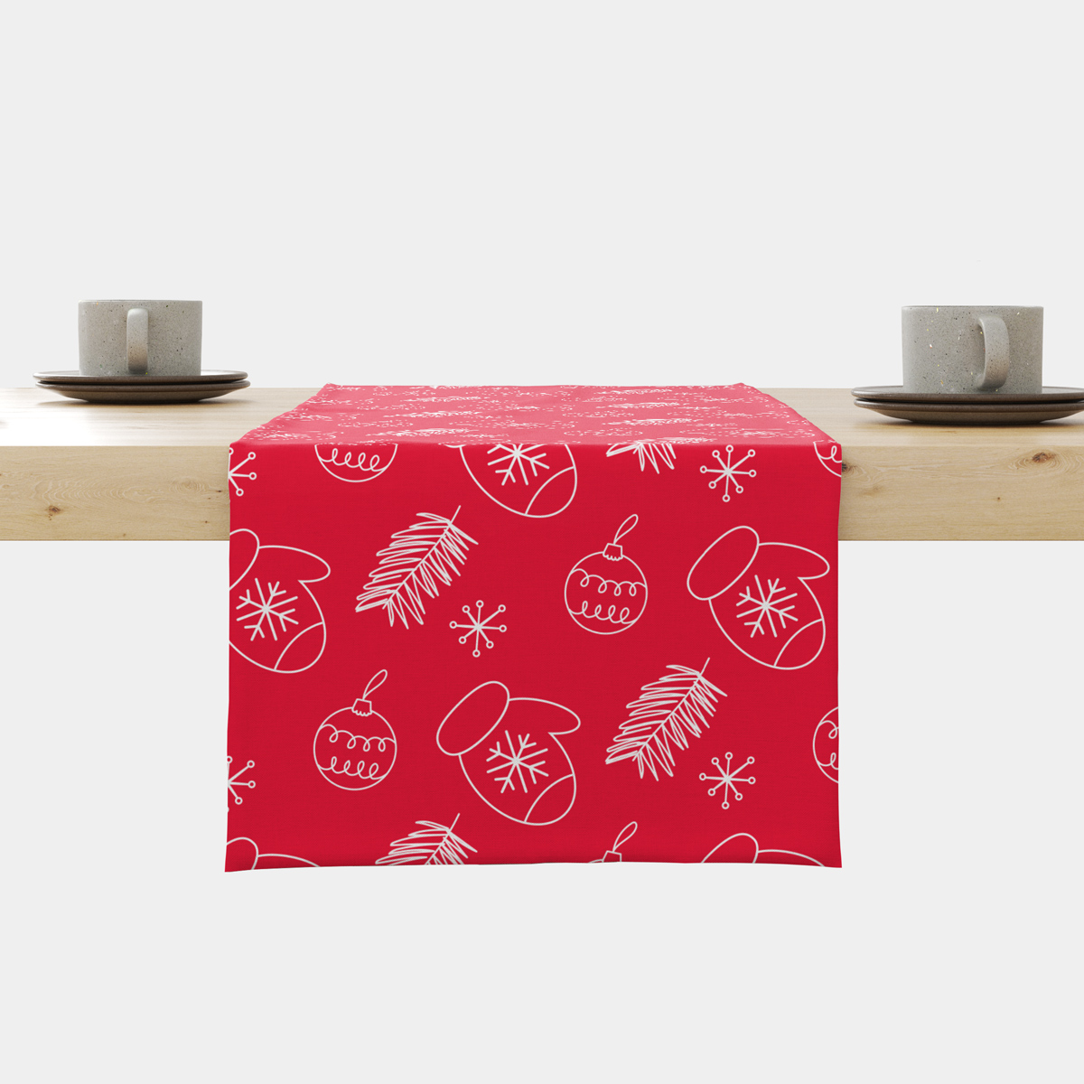 czerwony bieżnik świąteczny z białymi rękawiczkami, bombkami i gałązkami