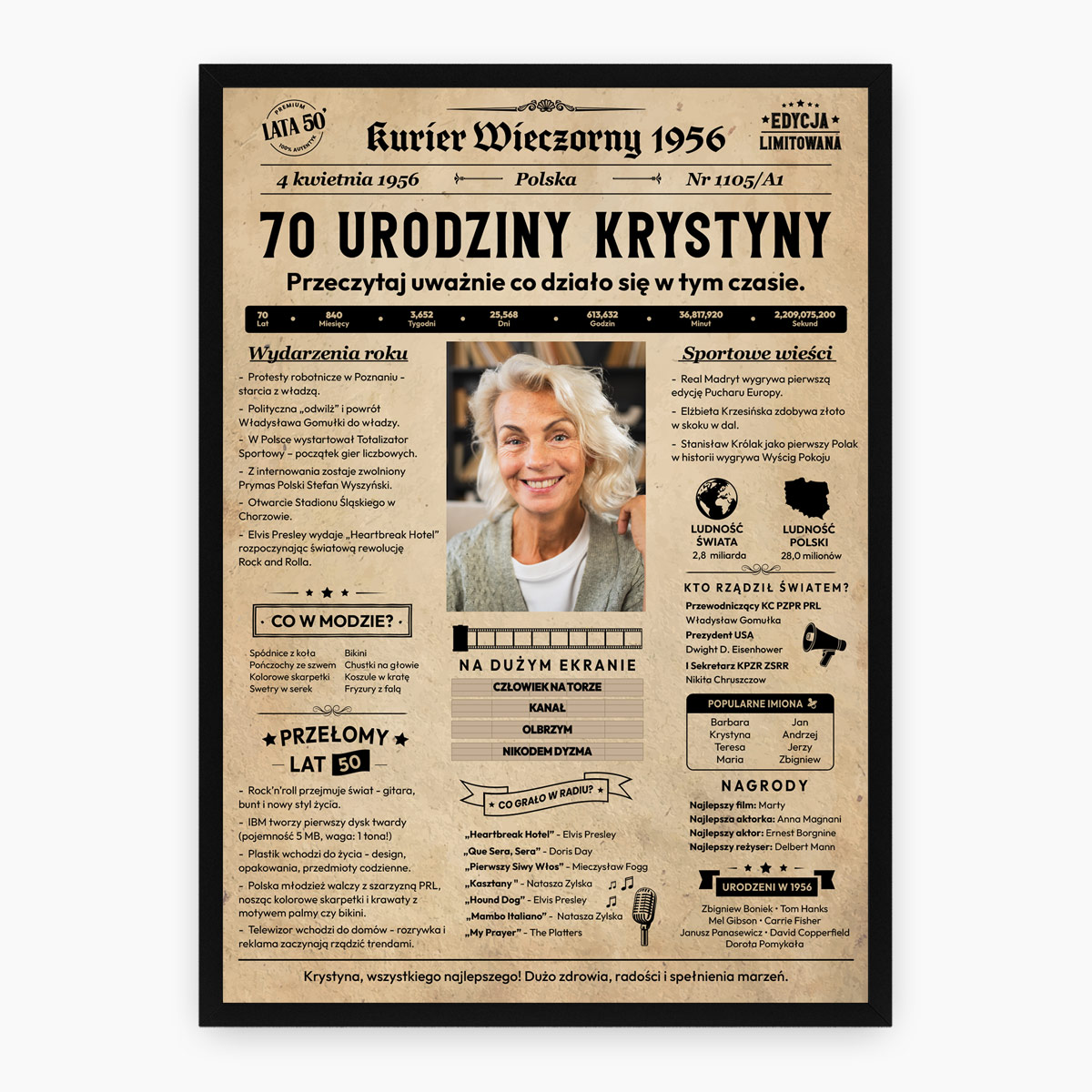 Personalizowany plakat gazeta na 70 urodziny ze zdjęciem jubilata