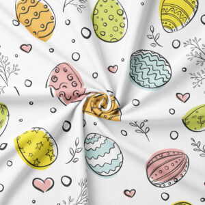 Wzór obrusu wielkanocnego – kolorowe pisanki i gałązki na białym tle