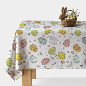 Obrus wielkanocny na wymiar biały w kolorowe pisanki na stole